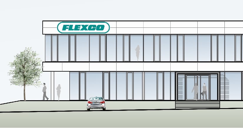 Entwurf des Flexco Bürogebäudes, davor ein Auto und einige Menschen.
