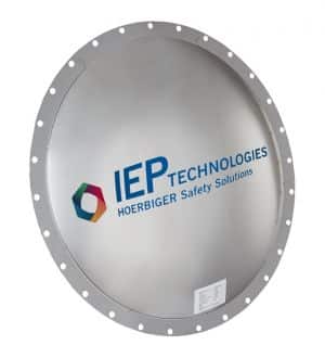 Berstscheibe aus Metall mit dem Logo und Schriftzug der IEP Technologies Hörbiger Safety Solutions
