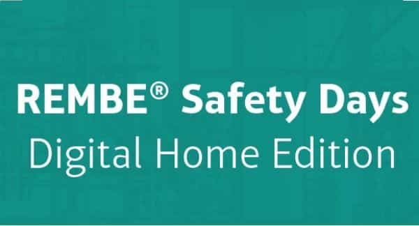 Logo, der REMBE Safety Days, weiße Schrift, grüner Hintergrund. Rembe Safety Days. Digital Home Edition.
