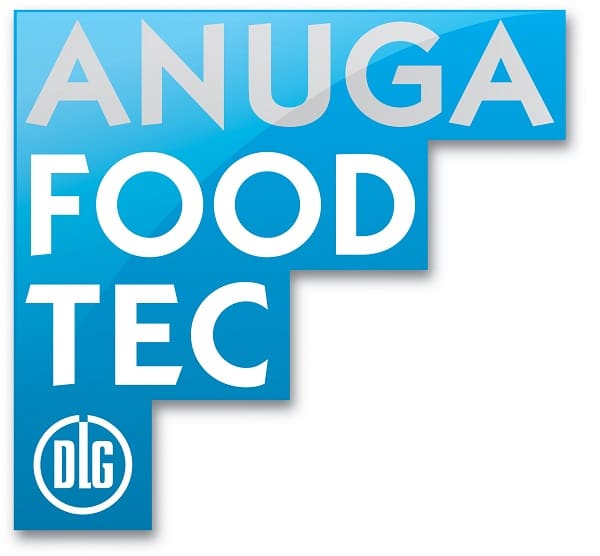 Blaues Schrift Logo der Anuga Food Tec in weißen Großbuchstaben auf blauem Hintergrund