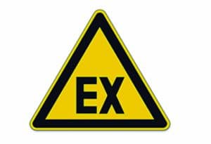 gelbes Warnschild für explosionsfähige Atmosphäre - Vorfahrtbeachten Schild, gelb mit schwarzer Umrandung und EX im Mittelteil