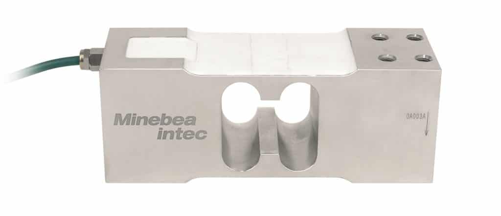 Wägezelle von Minebea Intec - rechteckiger Metallblock mit rechts oben viel Löchern und einer Aussparung in der Mitte des Blocks.