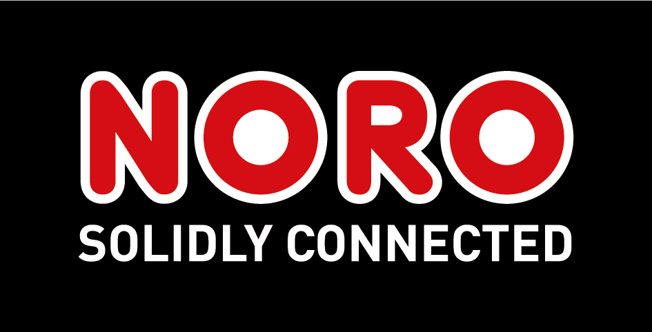 Schwarz, rot, weißes Logo der NORO Gesellschaft für Rohrsysteme mbH mit zusätzlichem Text Solidly connected