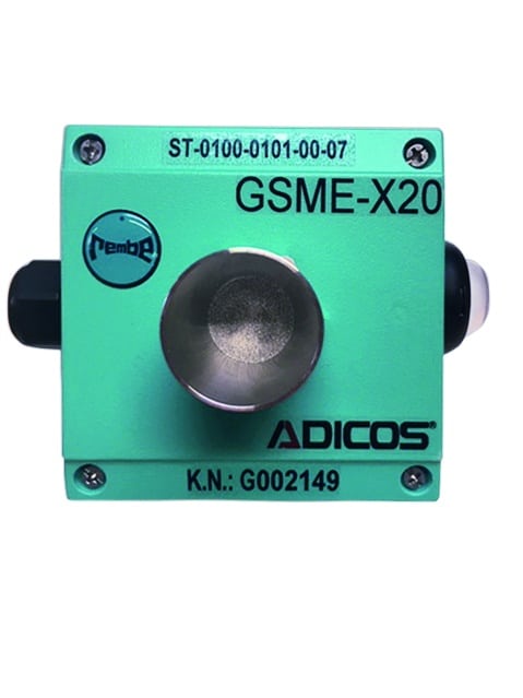 Kleiner grüner Aparat mit Sensor in der Mitte. GSME-Melder der Rembe® dient der Früherkennung von Verbrennungsreaktionen und thermischen Ereignissen