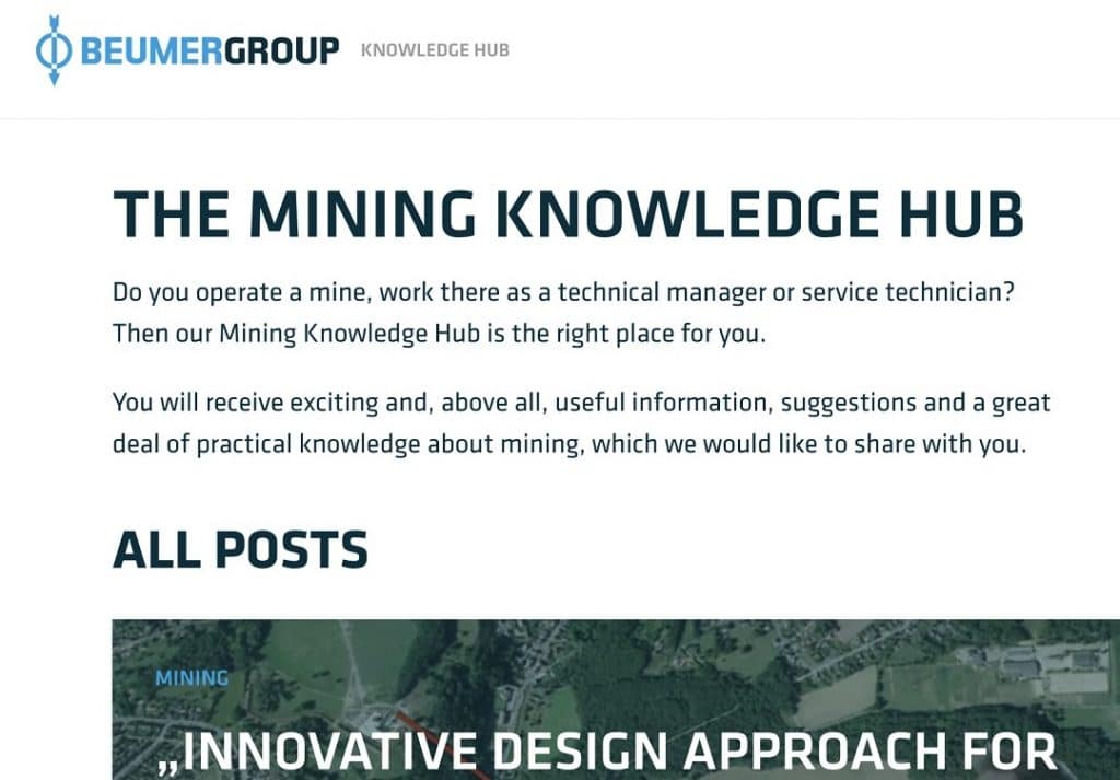 BEUMER -Mining Knowledge Hub - geht online - screnshot der Website. Auf schuettgutmagazin.de