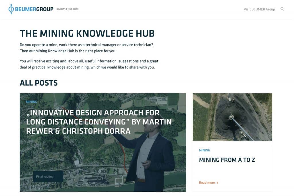 BEUMER -Mining Knowledge Hub - geht online - screnshot der Website. Auf schuettgutmagazin.de