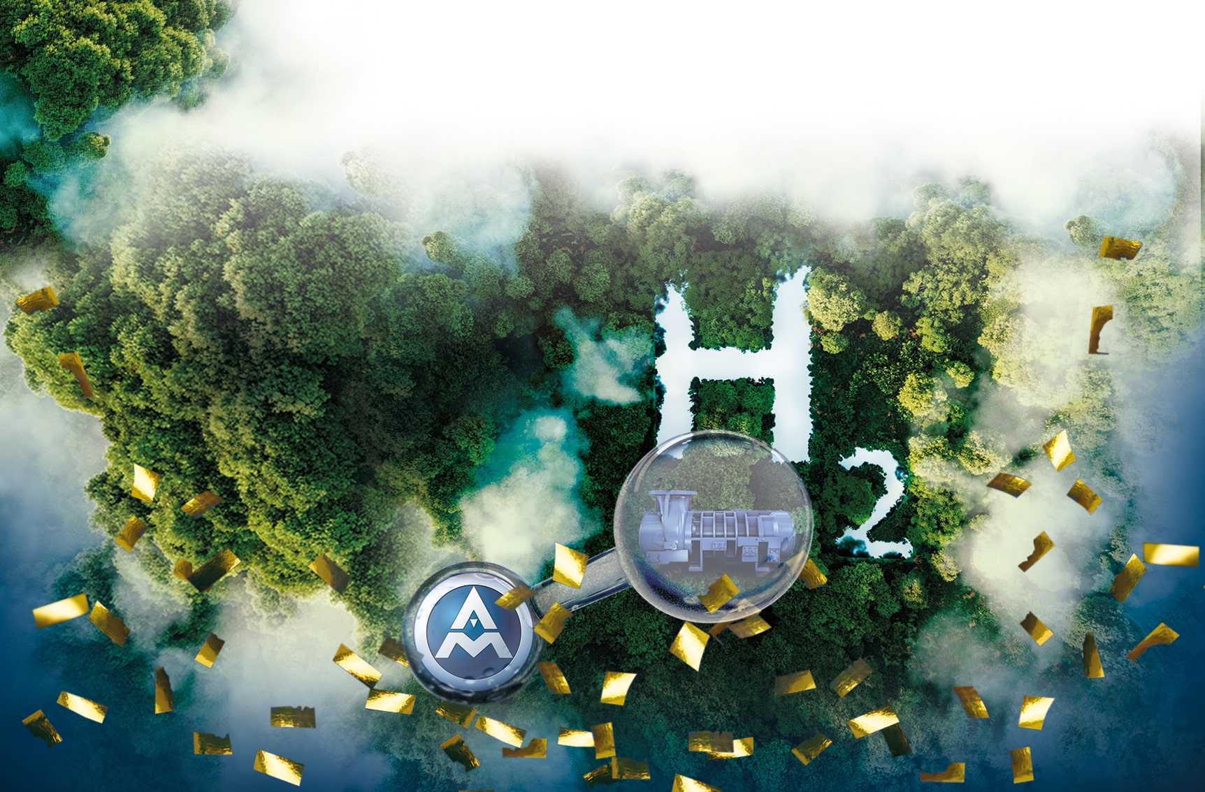 "Collage" Logo der Aerzener Maschinenfabrik, Bäume, ein Wassertropfen mit einem Gewächshaus und einem großen H2- ergibt H2O