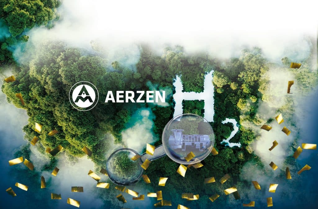 "Collage" Logo der Aerzener Maschinenfabrik, Bäume, ein Wassertropfen mit einem Gewächshaus und einem großen H2- ergibt H2O