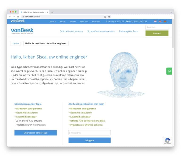 Screenshot der VanBeek website mit Sisca Online-Konfiguratorin für Schneckenförderer