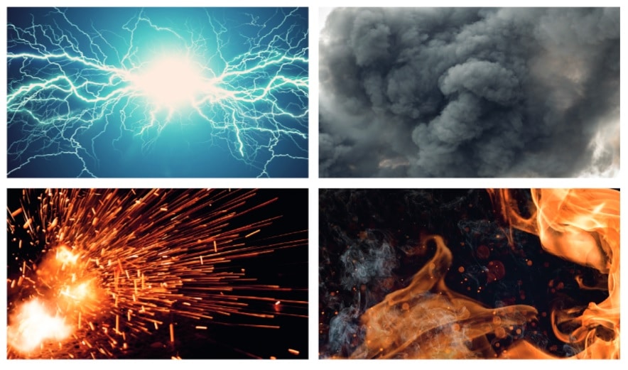 Zusammenstellung der Explosionsgefahren: Links oben Blitz, links unten Funken, rechts oben Rauch, rechts unten Feuer, auf schuettgutmagazin.de