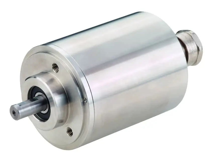 Absolutwertgeber. Stahl, rund, zylinderförmig, rechts auf der Front ein Stahlstab in der Mitte, umrundet von Dämmmaterial. Im äußeren Bereich zwei Schraubgehäuse. Am anderen, hinteren Ende ein Verschluss oder eine die Unterseite einer großen Mutter