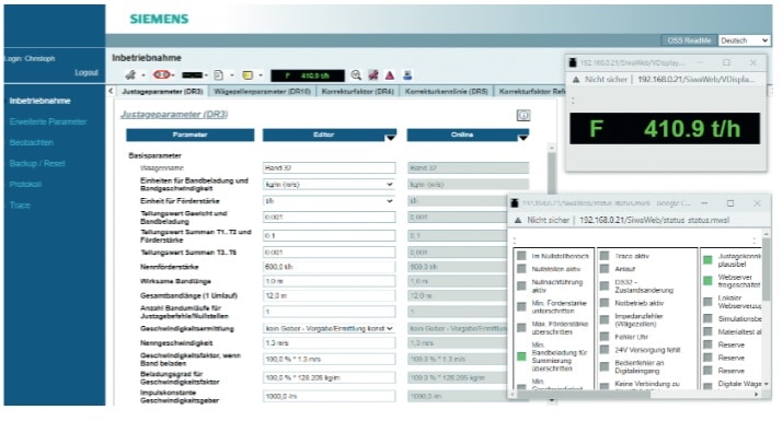 Bildschirmbild der Software des Bandwaagen-Moduls WP341