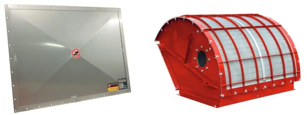 Links eine Berstscheibe - eine Metallscheibe, die auf allen Seiten Löcher zum Festschrauben hat. Rechts aneben ein Druckenlastungsmodul, ein auf einem Sockel stehender halbkreisförmiger, mit Schutzgittern versehener Filter, mit einem Luftzuführungs-Eingang auf der sichtbaren Seite.