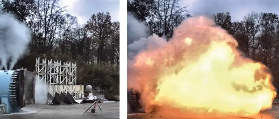 Zwei Bilder – Links eine Explosionsversuch-Anordnung im Außengelände - ein Druckbehälter aus dem Dampf ausweicht. Bild Rechts. Explosionsflamme vor dem Druckbehälter brennt mittig sehr hell und dehnt sich immer weiter vom Druckbehälter aus.
