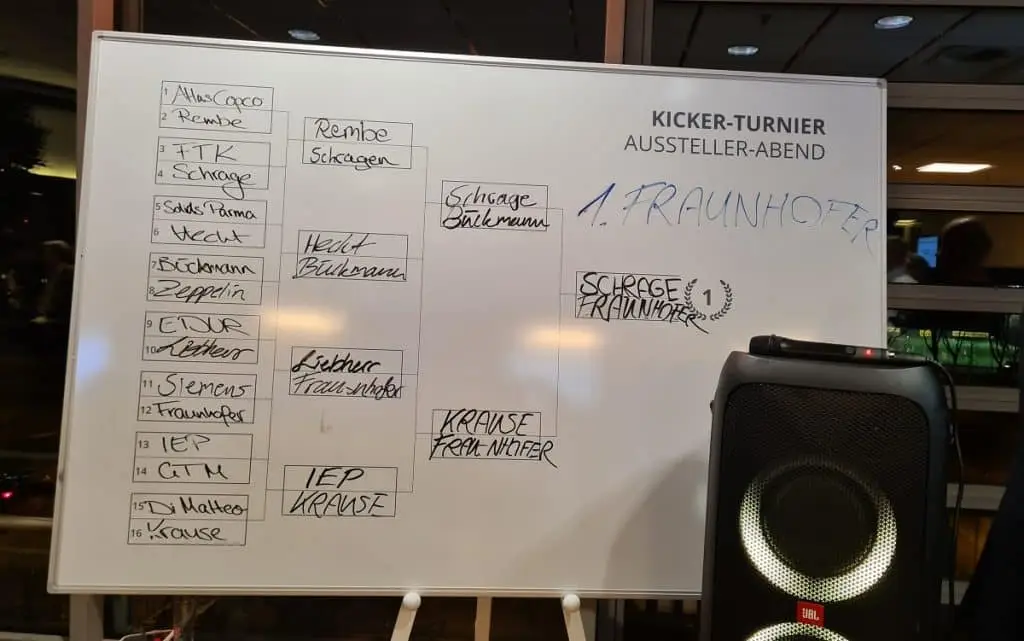 Whiteboard mit den 8 Kicker-Teams des Ausstellerabends der Solids 2023 Team 1 Atlas Copco, Rembe Team 2 FTK, Schrage, Team 3 Solids Parma, Hecht Team 4 Bückmann, Zeppelin Team 5 EDUR, Liebherr Team 6 Siemens, Frauenhofer, Team 7 IEP, GTM Team 8 Di Matteo, Krause - rechts daneben die Gewinner der ersten Runde - es spielten gegeneinander Rembe gegen Schrage, Hecht gegen Bückmann, Lieberherr gegen Frauenhofer, IEP gegen Krause. In der Dritten Rude spielent Schrage gegen Bückmann und Krause gegen Frauenhofer. Das Finale bestritten Schrage und Frauenhofer. Der Gewinner war Frauenhofer