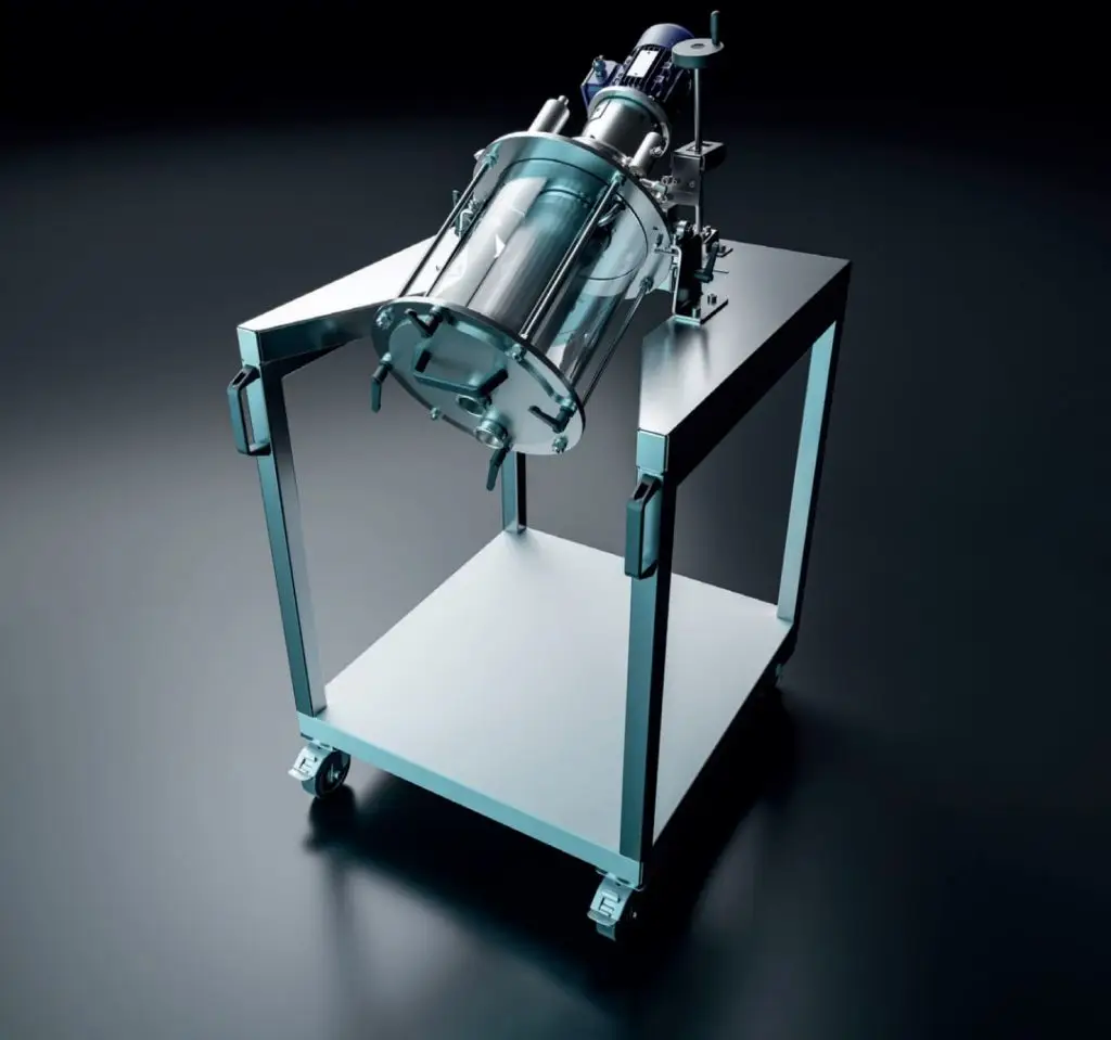 Auf einem Rolltisch, dessen oberes Blech konisch ausgeschnitten ist, ist eine Siebmaschine von assonic fixiert. Durchsichtiger zylindrischer Glasbehälter mit siebartigem Gewebe in der Mitte.