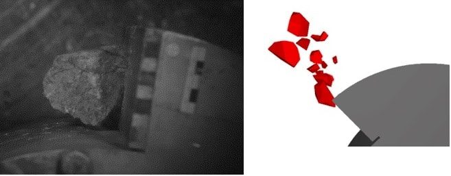 auf dem linken Bild in schwarz-weiß eine Aufnahme eines Stoßvorgangs. Rechts danaben eine Simulations-Grafik des Prallbrechers.
