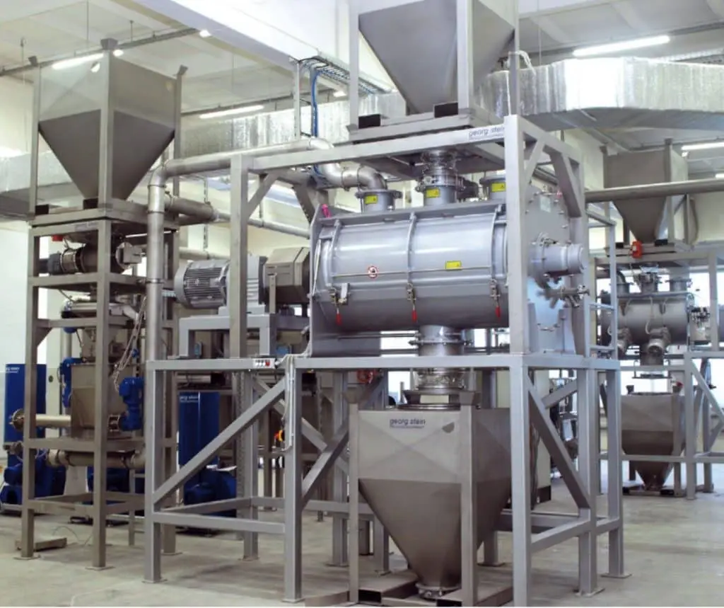 Mischanlage und semiautomatische Abfülllininie in Industriehalle
