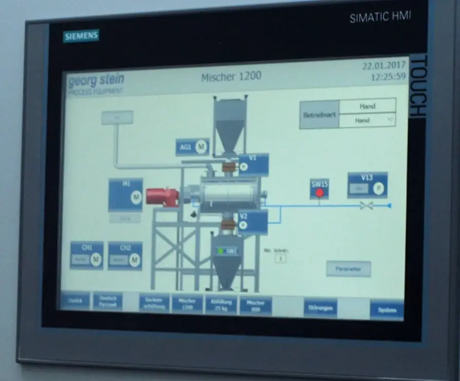 Bildschirm zeigt eine einfache Visualisierung der Anlage mit Touchscreen, auf schuettgutmagazin.de