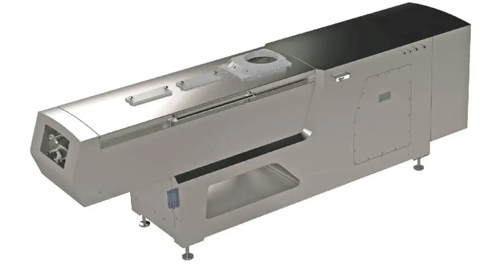 Zeppelin Misch- und Knetsystem. Ein rechteckiges langes industrielles Gerät auf verstellbaren kleinen „Füßen“