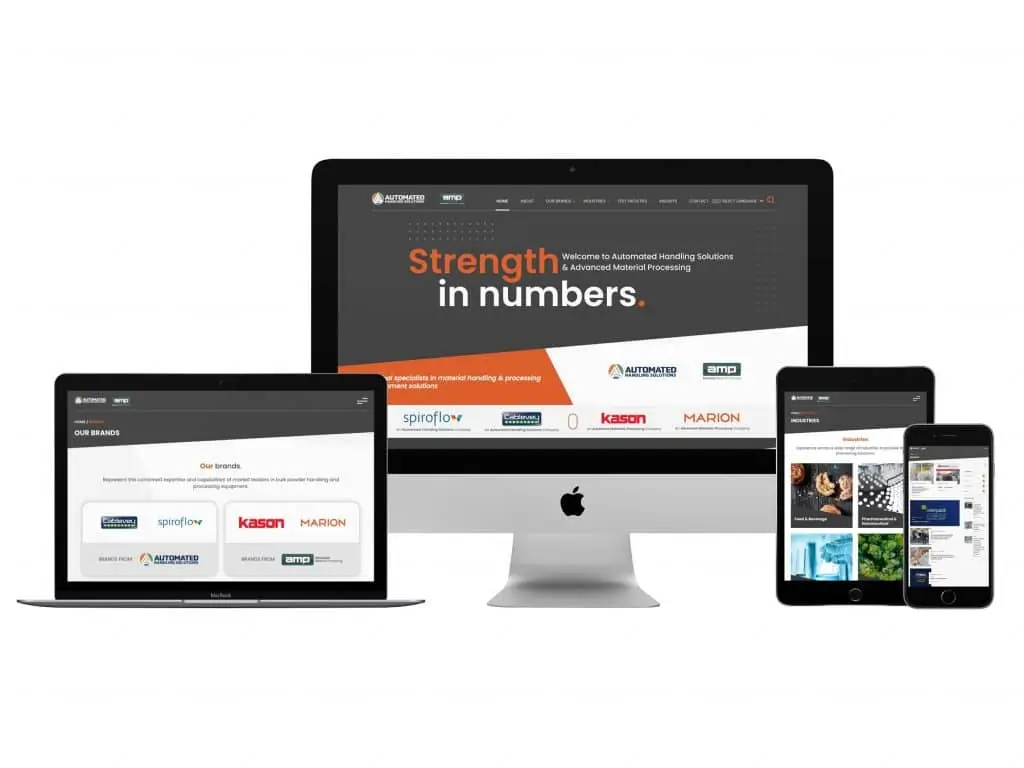 Apple Rechner, Laptop, Tablet und Mobiltelefon zeigen Ausschnitte aus der neuen Website der AHS und AMP