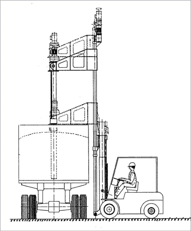 Skizze eines Gabelstaplers, rechts, mit einem Lkw links und dem Vorgang der Produktentnahme über den Gabelstapler