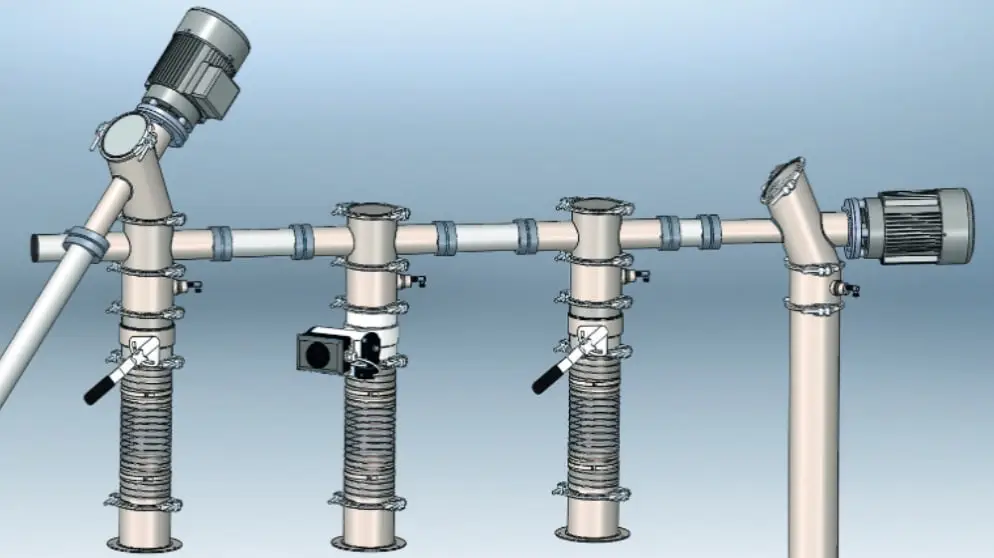 Grafik einer Mehrbeschickungsanlage. Ein Rohr bedient mehrere Rohre. Vorn und hinten sind Motoren angebracht.