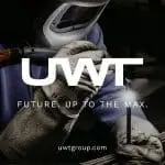 UWT Logo groß in der Mitte. Im Hintergrund ein Schweißer mit Handschuhen, Brille und einem Metallstrang und Schweißstahl. Unter dem Logo Future. Up to the max. und uwtgroup.com