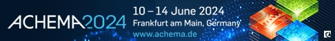 Textlogo mit von links nach rechts changierendem Hintergrund, der in Quadraten in gelb-grün, rot und blau endet. Der Text sagt ACHEMA 2024 10-14 June 2024 Frankfurt Germany www.achema.de