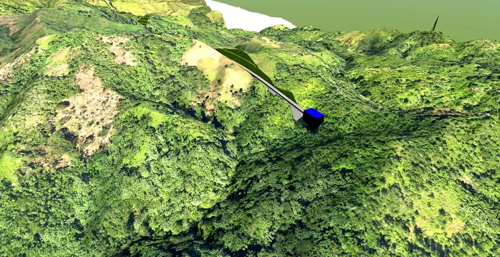 Computeranimierte Landschaft mit einem blauen Kubus und einem Streckenabschnitt eines Förderbandes. Planungstool der Beumer