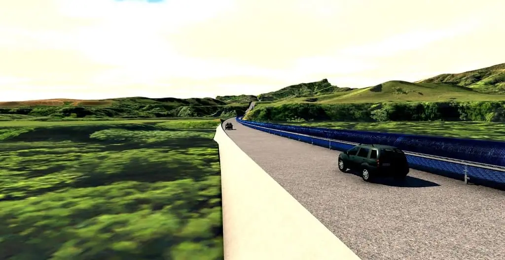 Animation einer Straße und eines abgedeckten Förderbandes, das wie eine Dammstraße wirkt.