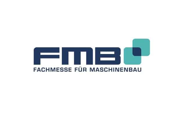 Logo FMB in Großbuchstaben in dunklem Blau geschrieben, darunter kleiner Fachmesse für Maschinenbau. Rechts davon zwei grüne Quadrate, die sich in der Mitte ca. über 1⁄4 blau überschneiden.