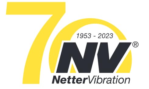 70 Jahre Netter Vibration Logo 1953-2023 NV und gelbe stilisierte 70 links im Hintergrund