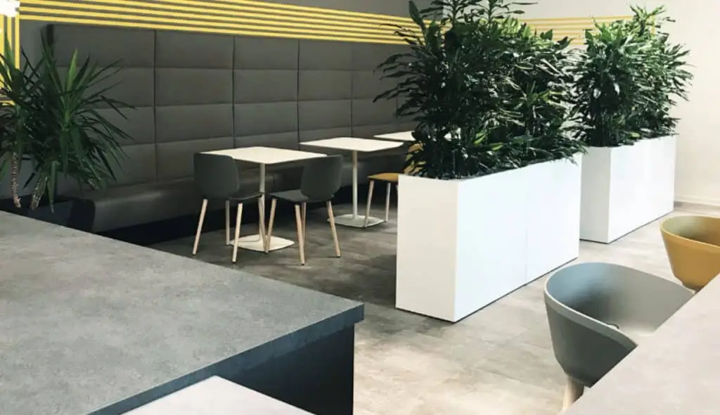 Eine dunkelgrau gesteppte Wand mit Bank, davor weiße Tische für vier Personen und Stühle. Weiße Pflanzenkübel und im Vordergrund mehr Tischelemente und Stühle.