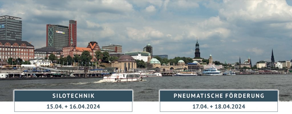 Bild des Hamburger Hafens mit Terminangaben: Silotechnik 15.-16.04.2024 und Pneumatische Förderung 17.-18.04.2024