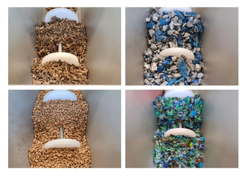 Vier Bild-Ausschnitte aus einem Seilfördertransport. Oben links Kräuter, oben rechts graue und blaue Steine, unten links Nüsse, unten rechts buntes Granulat.