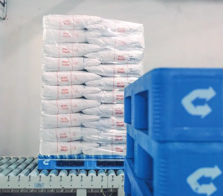 Gestapelte Industriesäcke auf einer blauen Europalette auf einem Rollband