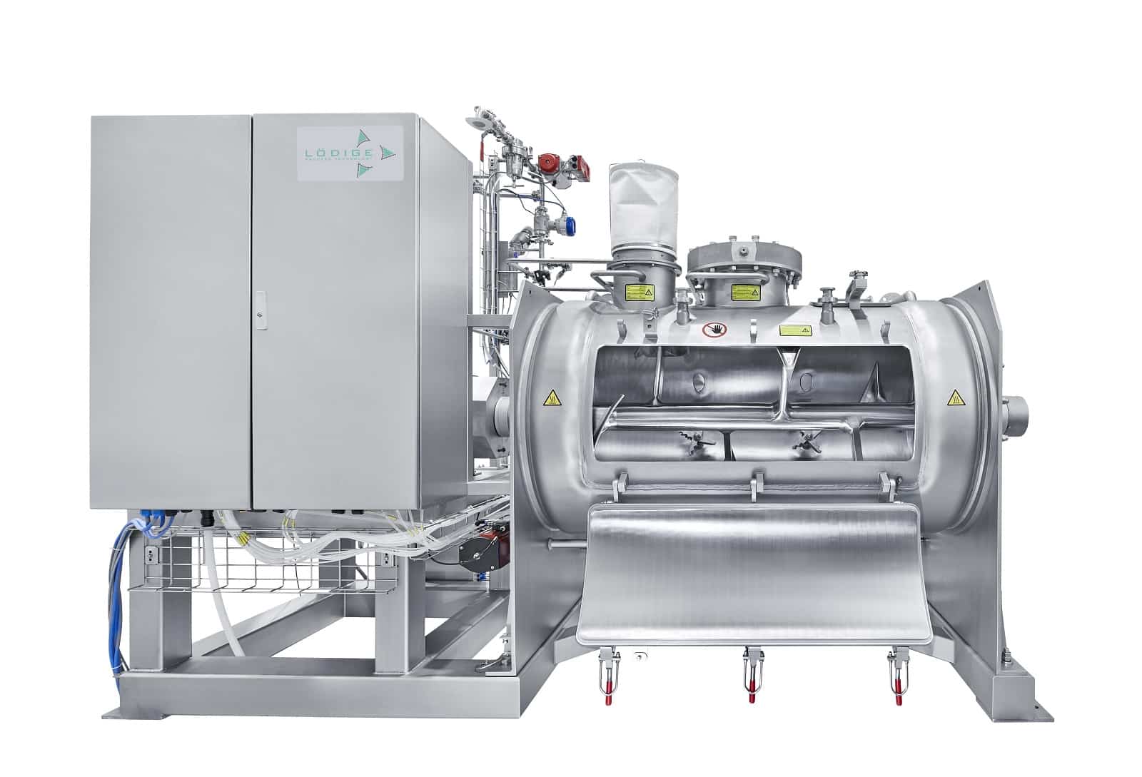 Industriemischer mit offener Klappe und Aufsätzen rechts, links davon eine Art Schaltkasten.