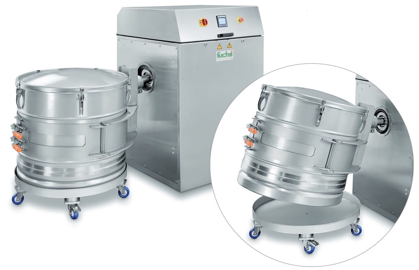 Industrie-Mischer, der über eine Achse über einer Rollvorrichtung zum Kippen hochgehalten und gekippt wird