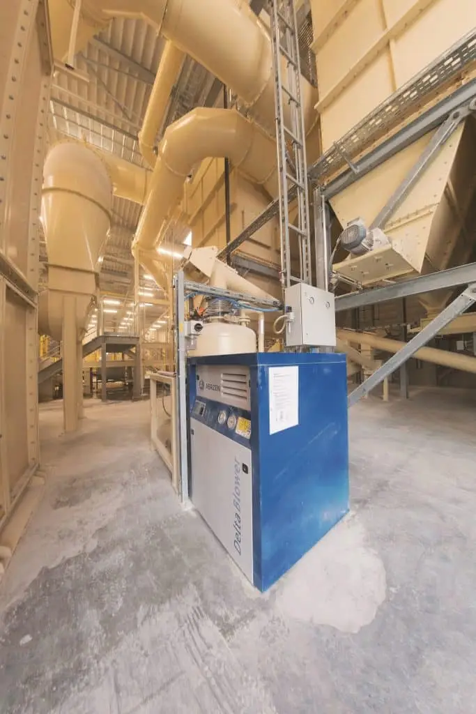 Kompressor Delta Blower in einer Industriehalle mit gelblichen Rohren und Förderelelementen.