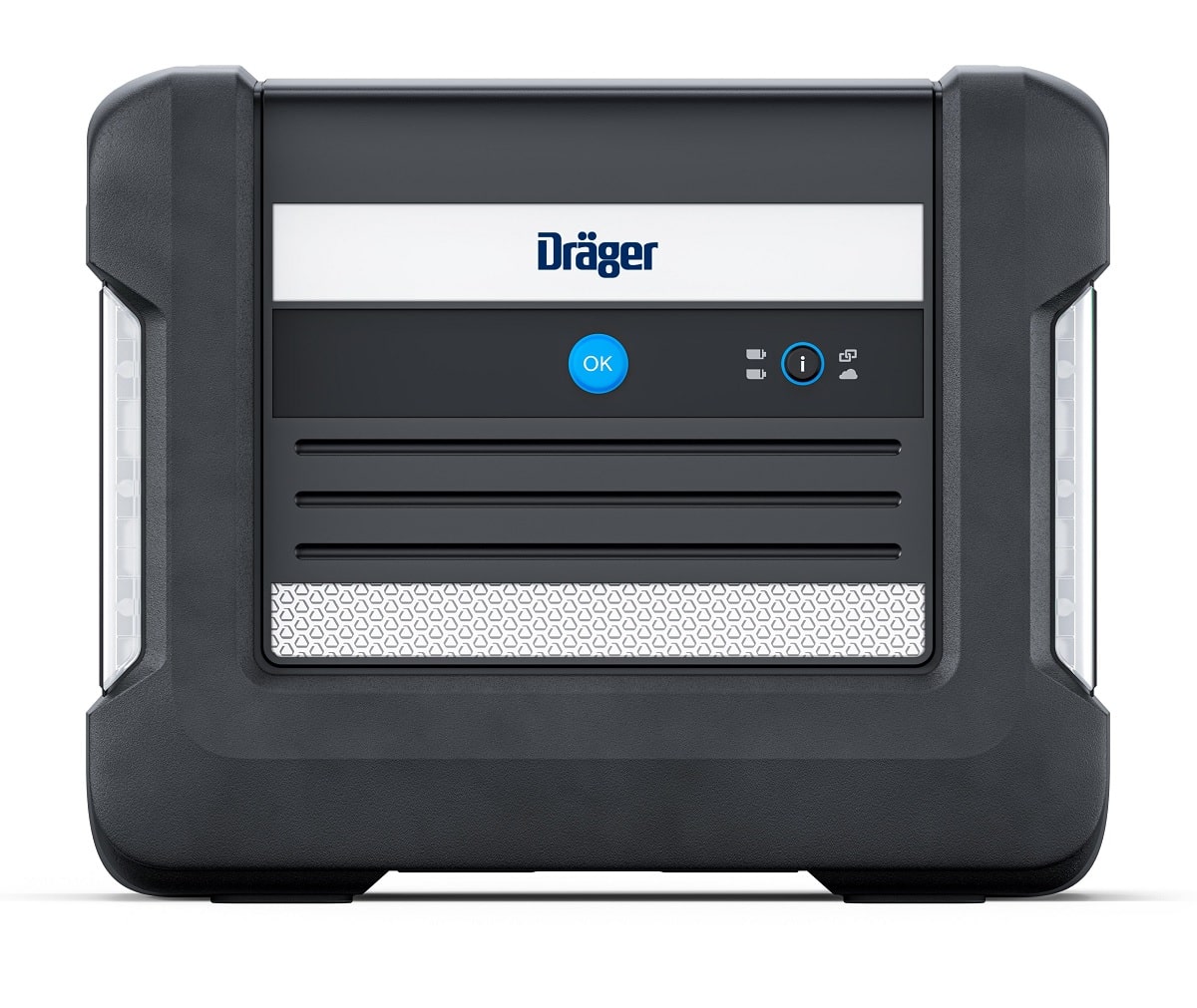 Leicht recheckiger Hub mit viel schwarzer Fläche und einem blauen OK Knopf unter dem weiß hinterlegten, blauen Dräger Schriftzug. Neben dem OK Knopf noch Informationselemente.