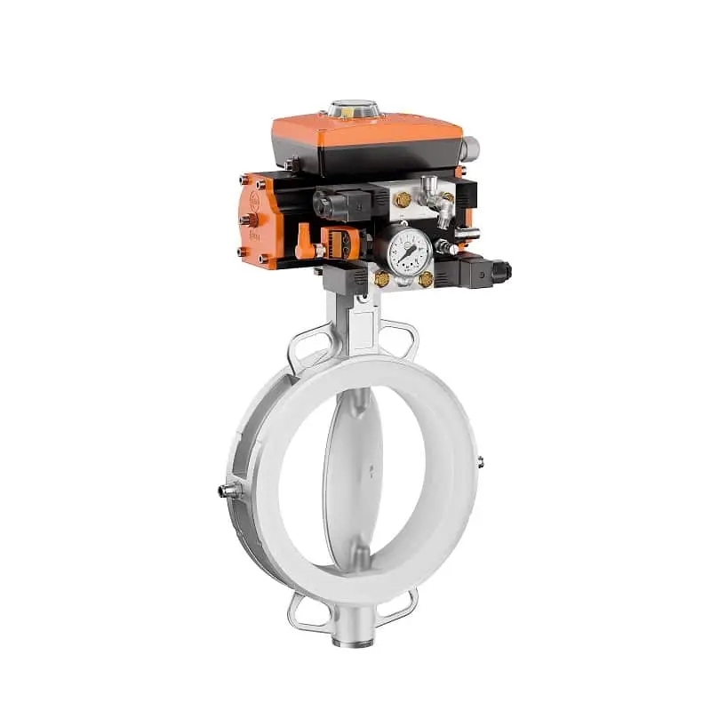 Produktbild einer Industrie Absperrklappe. Oben ein Mechanismus mit Druckmesser zum Steuern und Sichern der unteren Absperrklappe. Ein senkrecht stehender Deckel in einem Rohr, der geöffnet und geschlossen werden kann. Die Manschette kann mit Druckluft dichter gemacht werden.