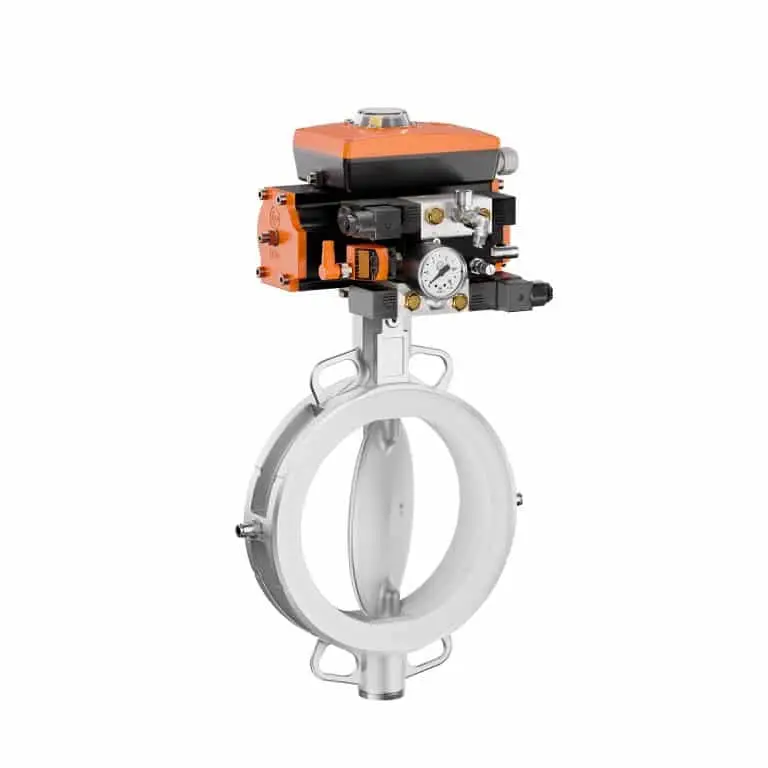 Produktbild einer Industrie Absperrklappe. Oben ein Mechanismus mit Druckmesser zum Steuern und Sichern der unteren Absperrklappe. Ein senkrecht stehender Deckel in einem Rohr, der geöffnet und geschlossen werden kann. Die Manschette kann mit Druckluft dichter gemacht werden.