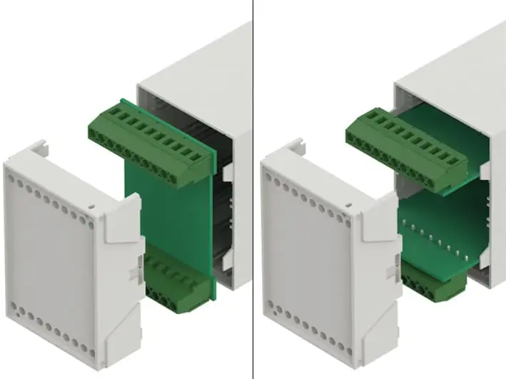 Zwei nebeneinander stehende Bilder. Beide haben einen rechteckiger Kasten, aus dem ein grünes Element herausschaut. Diese Elemente können Kabel aufnehmen. Rechts befindet sich zwei Leisten mit 10 Löchern für die Kabel. Zwischen den Kabeln ist ein grüner Trenner, der die beiden Leisten trägt. Links ist kein Trenner hinter den Leisten, diese werden durch Träger, die waagerecht liegen, gehalten. Vor beiden Elementen ist eine helle Abdeckung, das die Kabel im System fixiert.