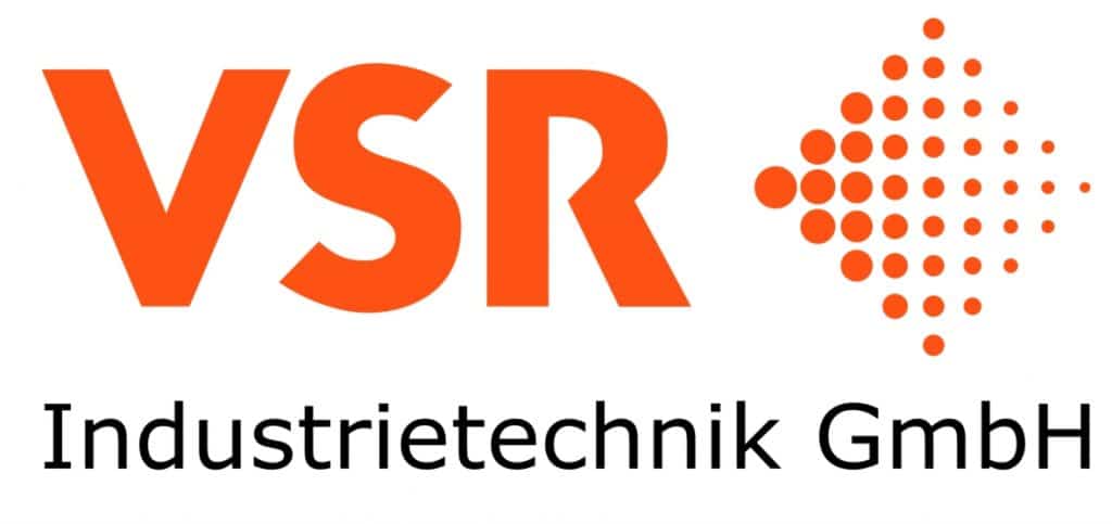 Buchstabenlogo der VSR Industrietechnik GmbH in Orange. Links die Buchstaben VSR, rechts eine Raute aus Punkten. Der erste Punk links ist der größte, danach folgen drei etwas kleinere Punkte. In der Mitte der Raute sind 9 Punkte, die sich rechts von dieser Linie wieder verjüngen. Darunter steht in Schwarz Industrietechnik GmbH.