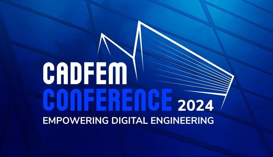 Logo in Blautönen mit dem weißen Schriftzug CADFEM - in blau Conference in weiß 2024 Empowering digital engineering