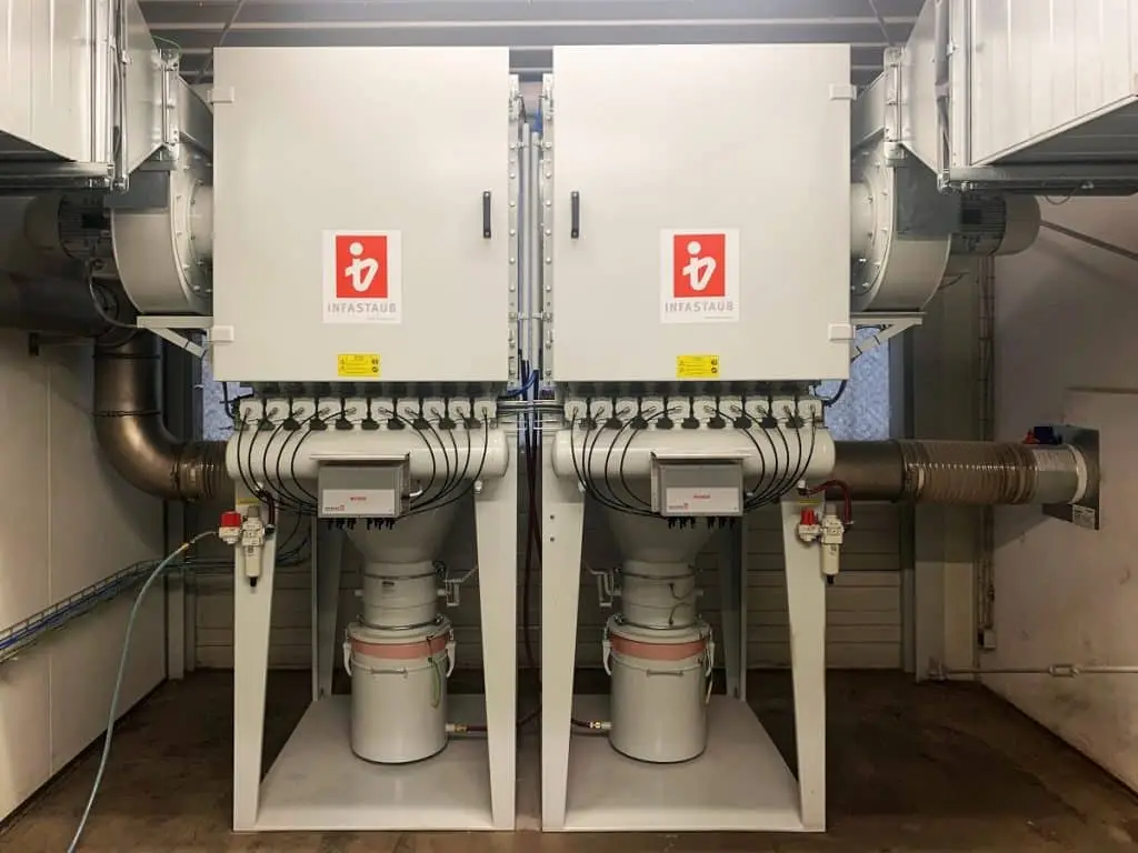 Infastaub-Taschenfilter mit vorbeugendem Explosionsschutz. Die Filteranlage und alle angebauten Komponenten sind elektrisch ableitfähig und untereinander geerdet