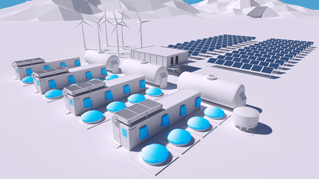 Bild aus einer Animation: Wind und Solaranlagen mit Containergebäuden und Tanks, die über halb und unterhalb der Erde zu sehen sind.