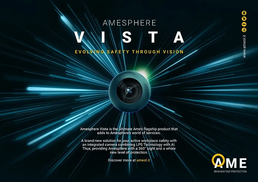Werbephoto mit einer Kameralinse in der Mitte, von der fiktive Strahlen auf den Betrachter zukommen. Text: Amesphere Vista, Evoling safety through vision AME. Symbole, Social Media und weitere Informationen zum Produkt in kleiner Schrift.