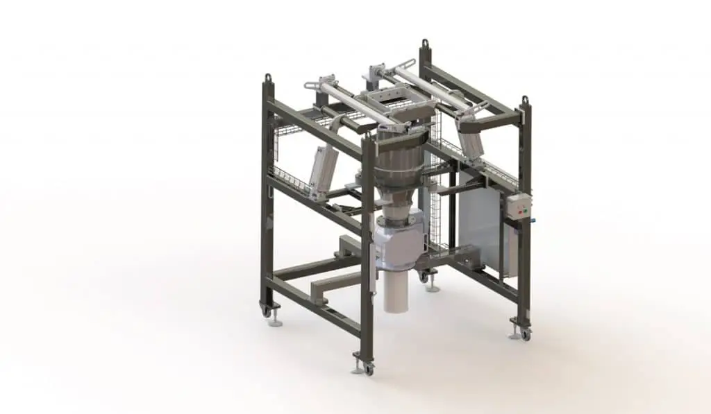 Dosiereinheit in einem Metallgestellt. Oben ein Einfüllstutzen, der das Material in eine darunterliegende Dosiereinheit führt. die Unter der Dosiereinheit ist ein weißes Rohr.